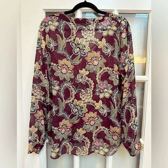Banana Republic | Burgundy Wine Sheer Floral Bohemian Long Sleeve Blouse Size L - Picture 3 of 10
